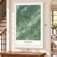 Fredon, New Jersey map, 24 x 36 inch print in a white frame by a staircase