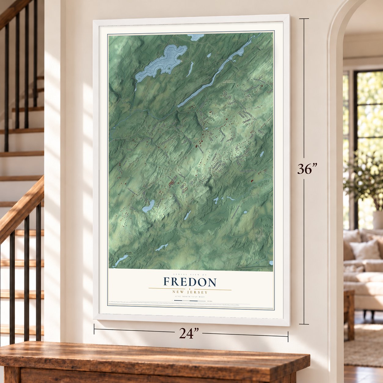 Fredon, New Jersey map, 24 x 36 inch print in a white frame by a staircase