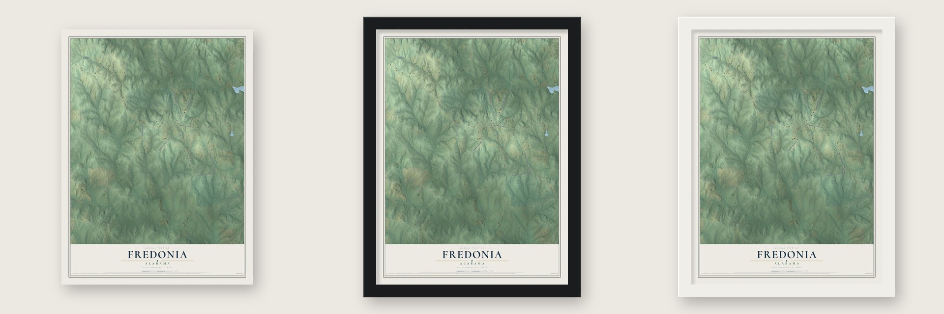 Fredonia, Alabama map unframed, in a black wood frame and in a white wood frame