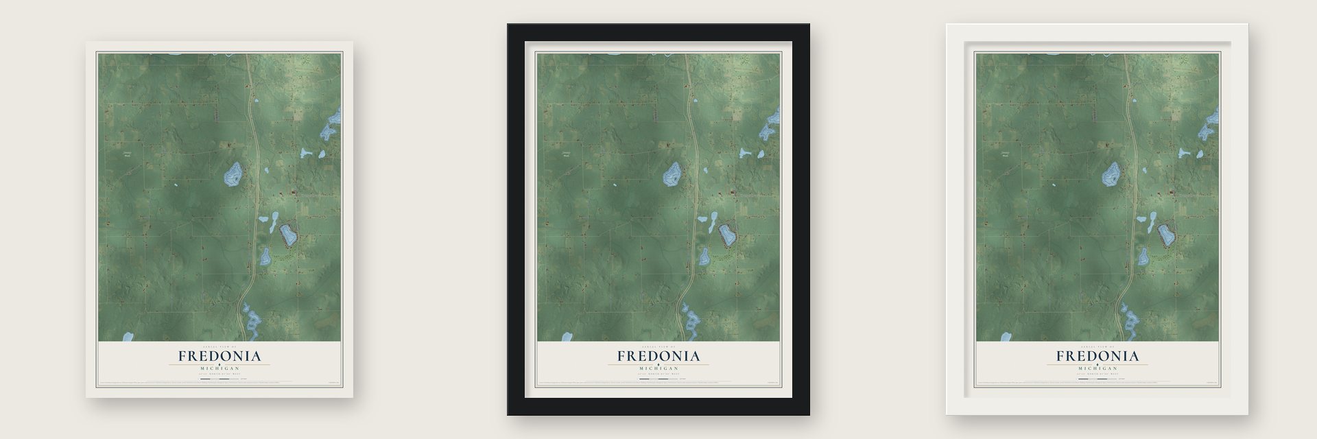 Fredonia, Michigan map unframed, in a black wood frame and in a white wood frame
