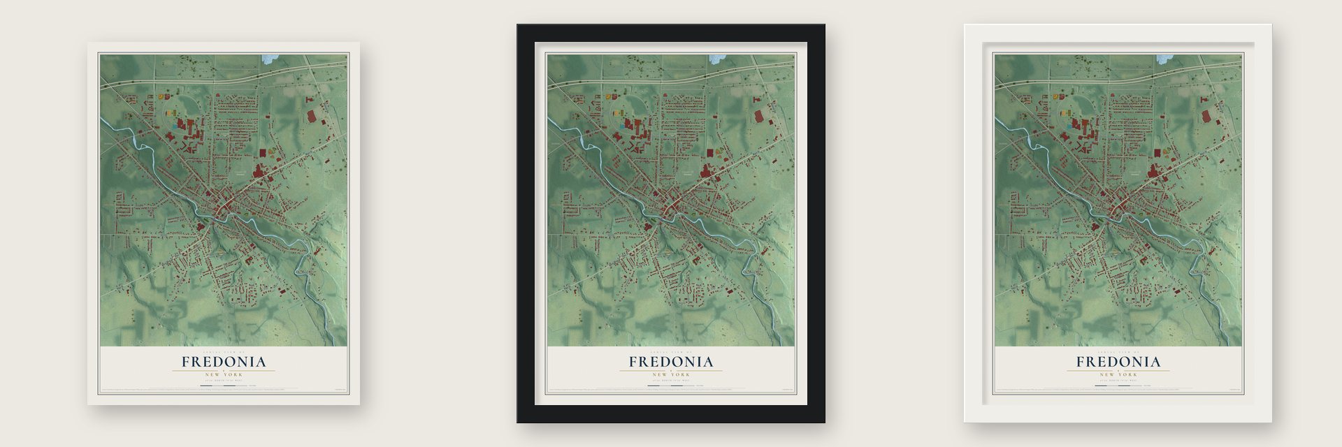 Fredonia, New York map unframed, in a black wood frame and in a white wood frame