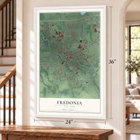 Fredonia, New York map, 24 x 36 inch print in a white frame by a staircase