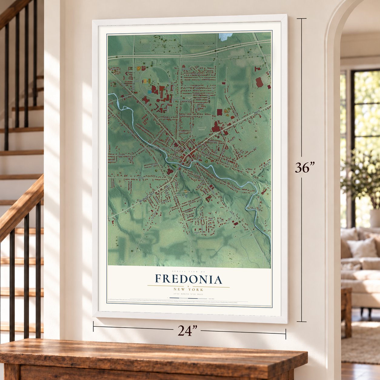 Fredonia, New York map, 24 x 36 inch print in a white frame by a staircase