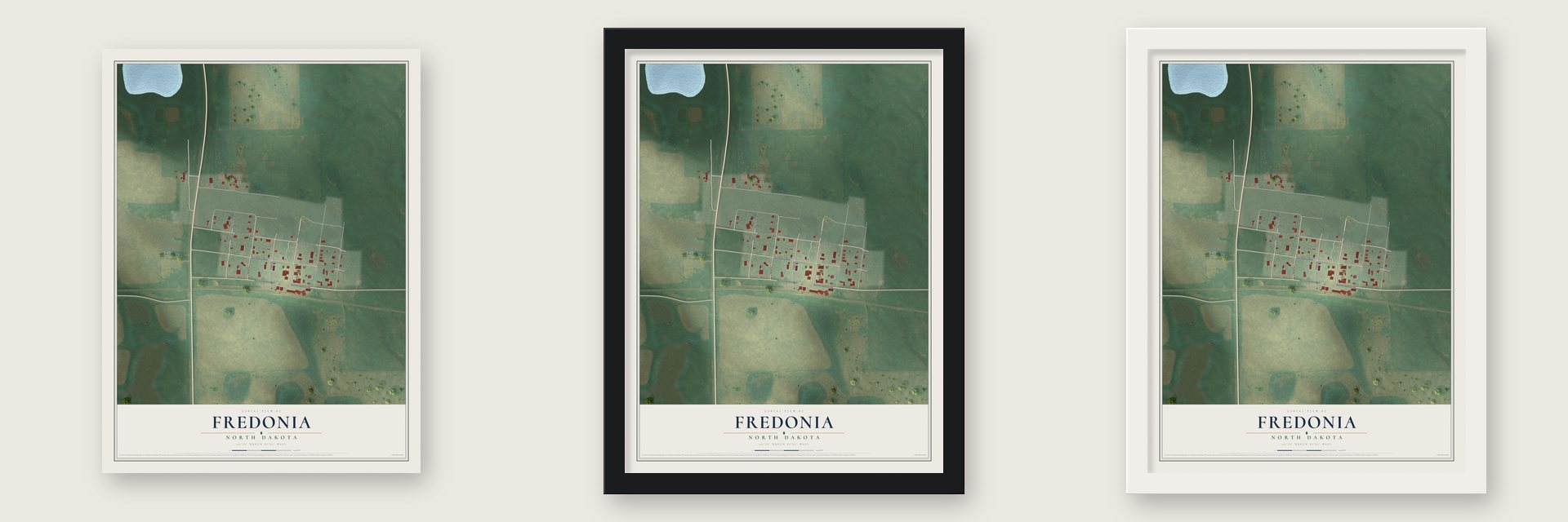 Fredonia, North Dakota map unframed, in a black wood frame and in a white wood frame