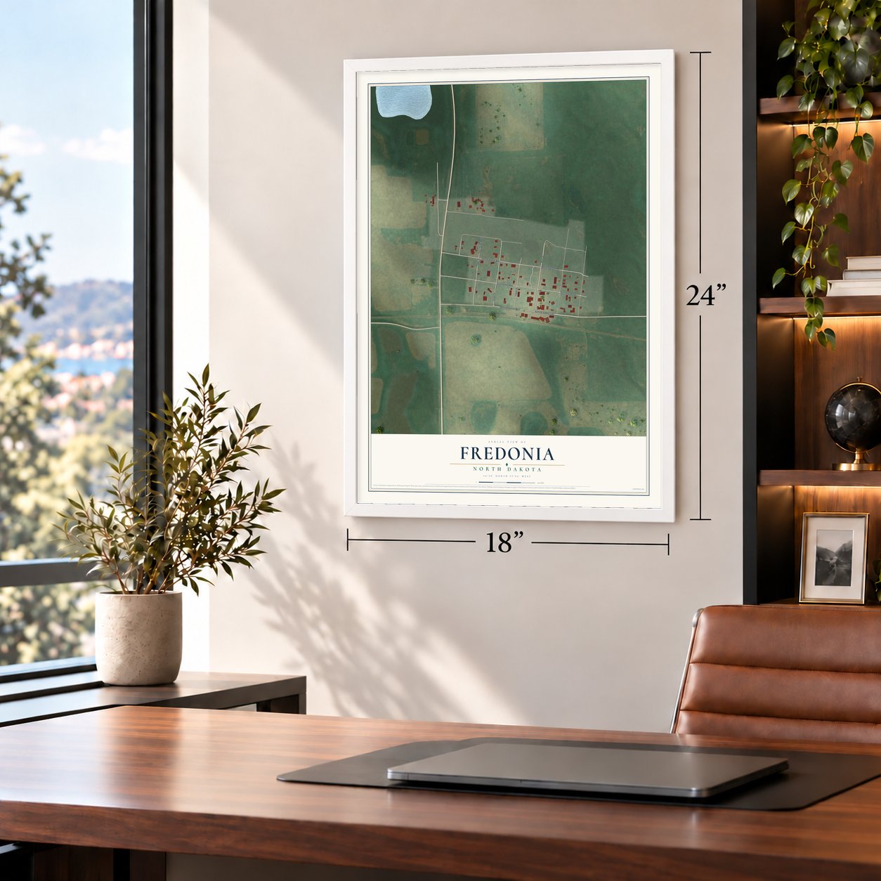 Fredonia, North Dakota map, 18 x 24 inch print in a white frame in a home office
