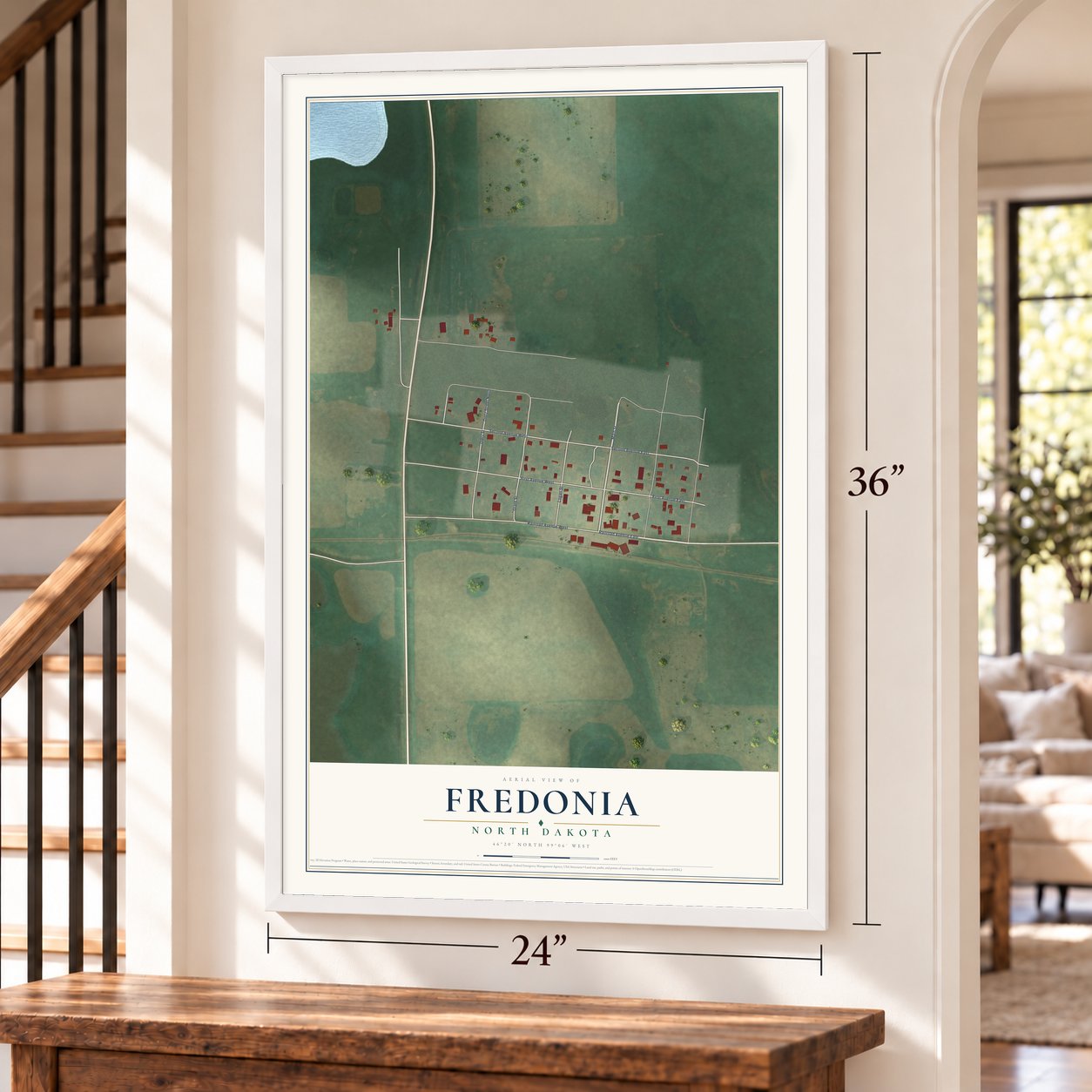 Fredonia, North Dakota map, 24 x 36 inch print in a white frame by a staircase