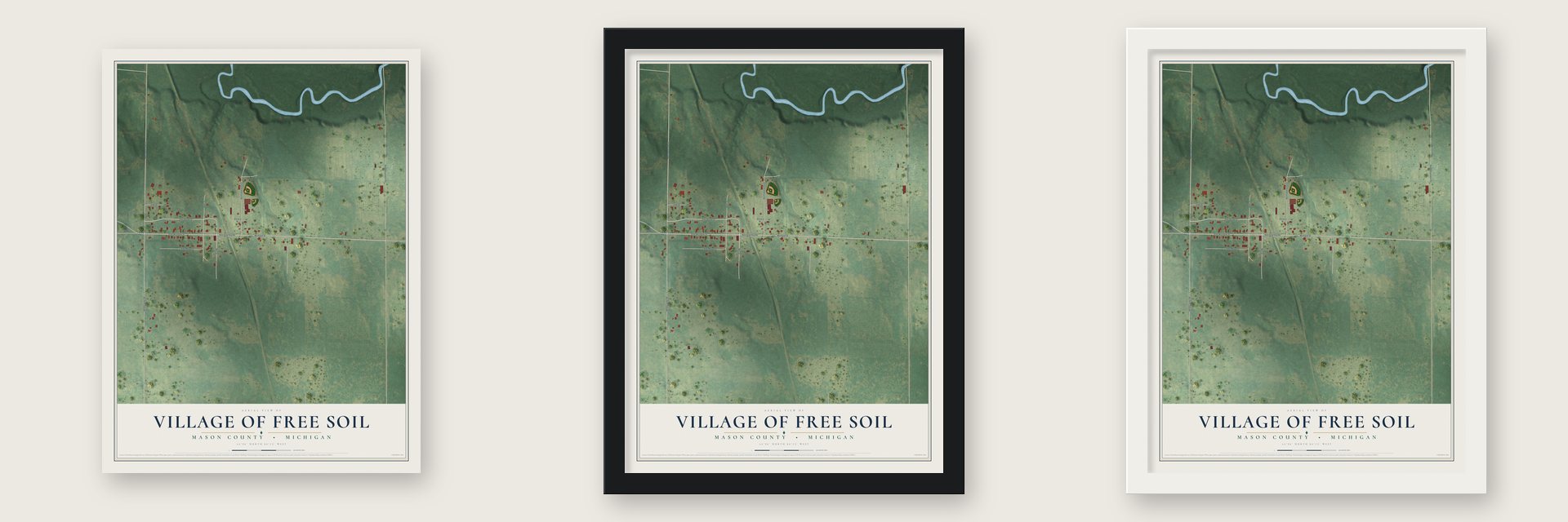 Free Soil, Michigan map unframed, in a black wood frame and in a white wood frame