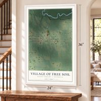 Free Soil, Michigan map, 24 x 36 inch print in a white frame by a staircase