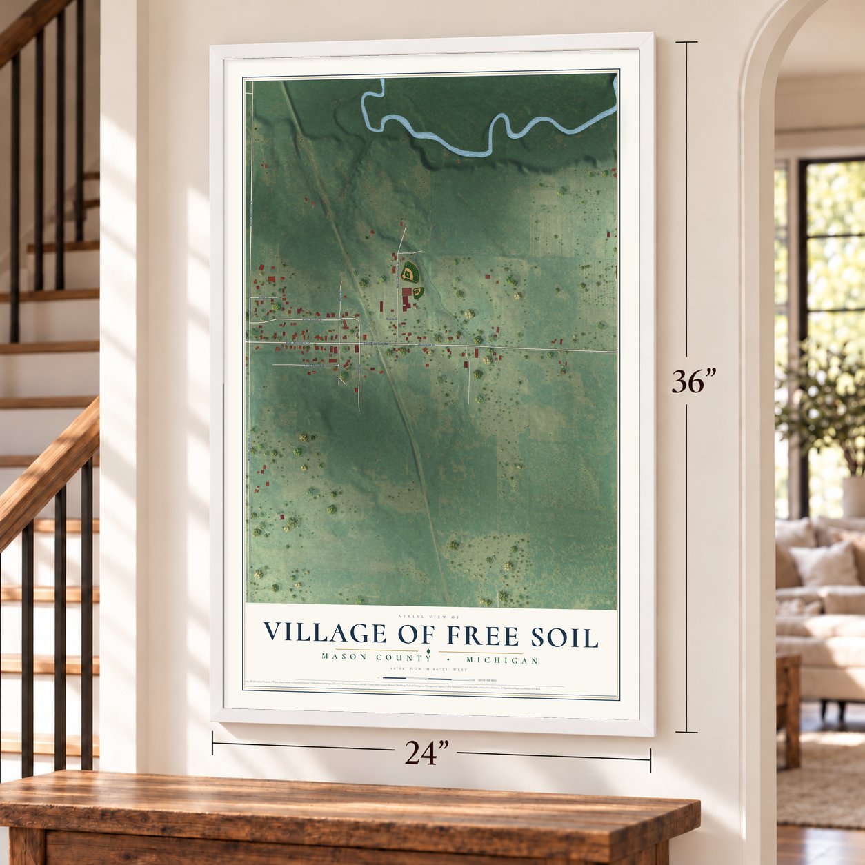 Free Soil, Michigan map, 24 x 36 inch print in a white frame by a staircase