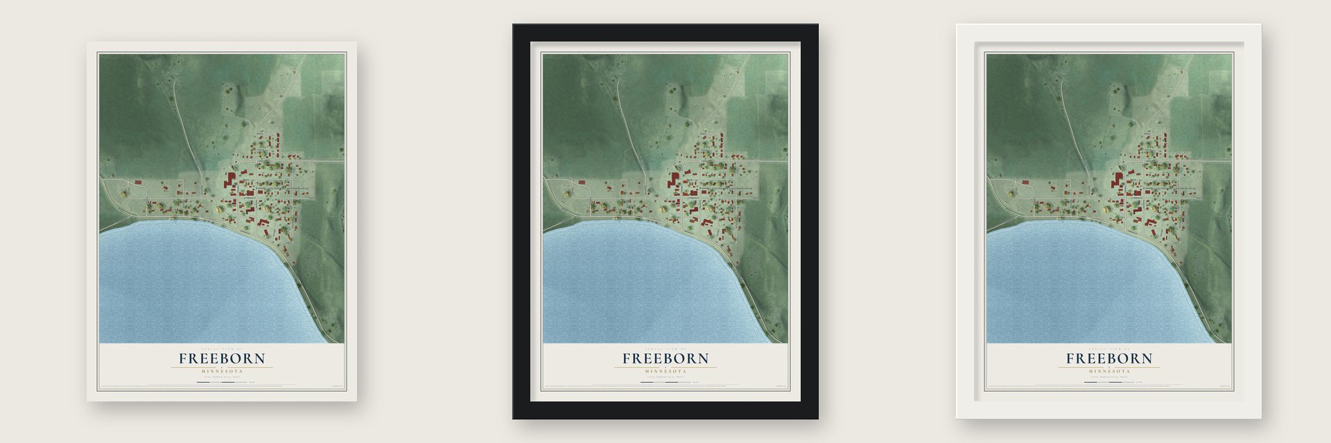Freeborn, Minnesota map unframed, in a black wood frame and in a white wood frame