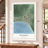 Freeborn, Minnesota map, 24 x 36 inch print in a white frame by a staircase