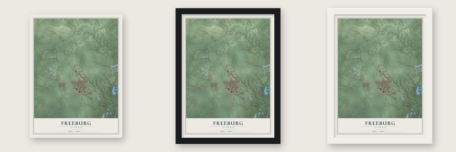 Freeburg, Illinois map unframed, in a black wood frame and in a white wood frame