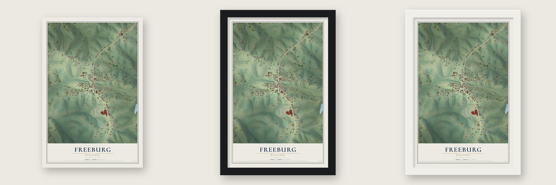 Freeburg, Missouri map unframed, in a black wood frame and in a white wood frame