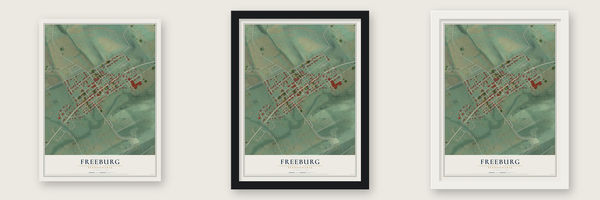 Freeburg, Pennsylvania map unframed, in a black wood frame and in a white wood frame