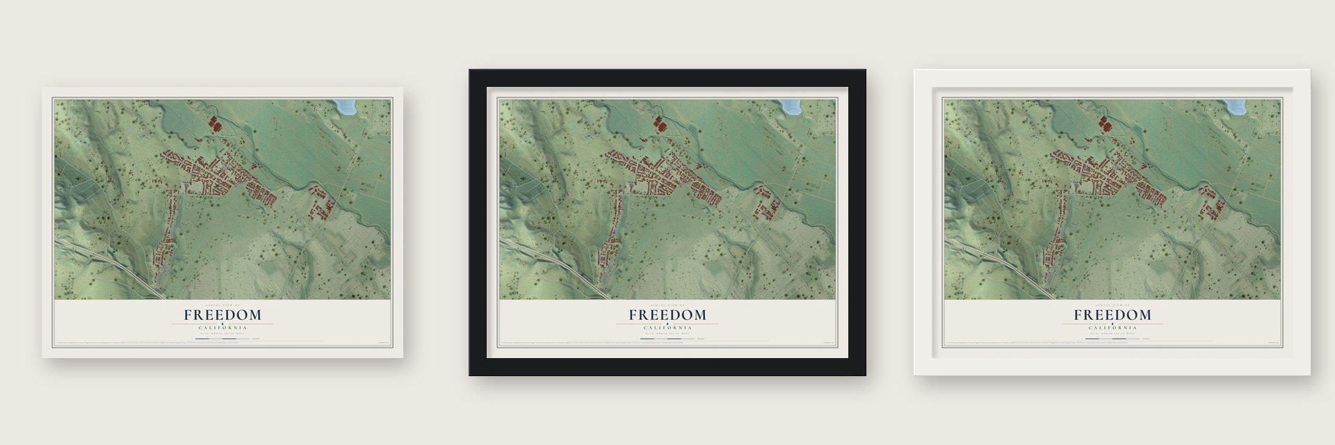 Freedom, California map unframed, in a black wood frame and in a white wood frame