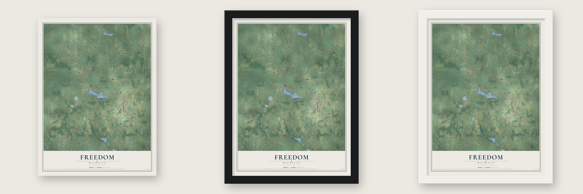 Freedom, Michigan map unframed, in a black wood frame and in a white wood frame