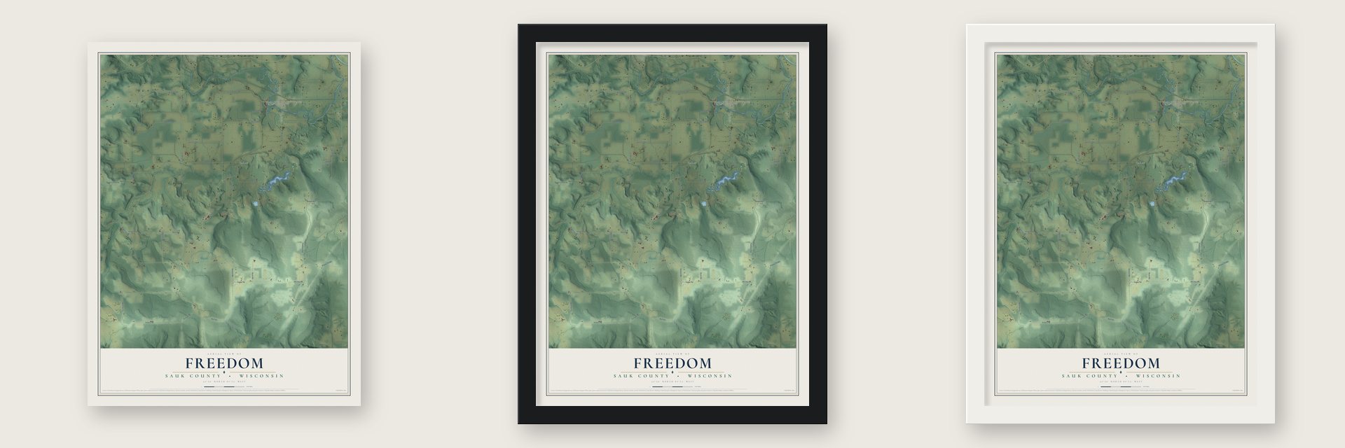 Freedom, Sauk County, Wisconsin map unframed, in a black wood frame and in a white wood frame