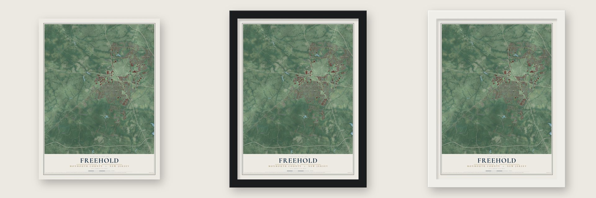 Freehold, Monmouth County, New Jersey map unframed, in a black wood frame and in a white wood frame