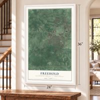 Freehold, Monmouth County, New Jersey map, 24 x 36 inch print in a white frame by a staircase