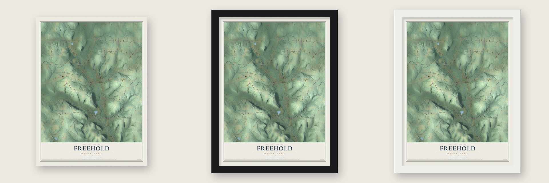 Freehold, Pennsylvania map unframed, in a black wood frame and in a white wood frame