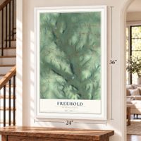 Freehold, Pennsylvania map, 24 x 36 inch print in a white frame by a staircase