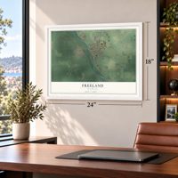 Freeland, Michigan map, 18 x 24 inch print in a white frame in a home office