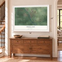 Freeland, Michigan map, 24 x 36 inch print in a white frame above a dresser by a staircase