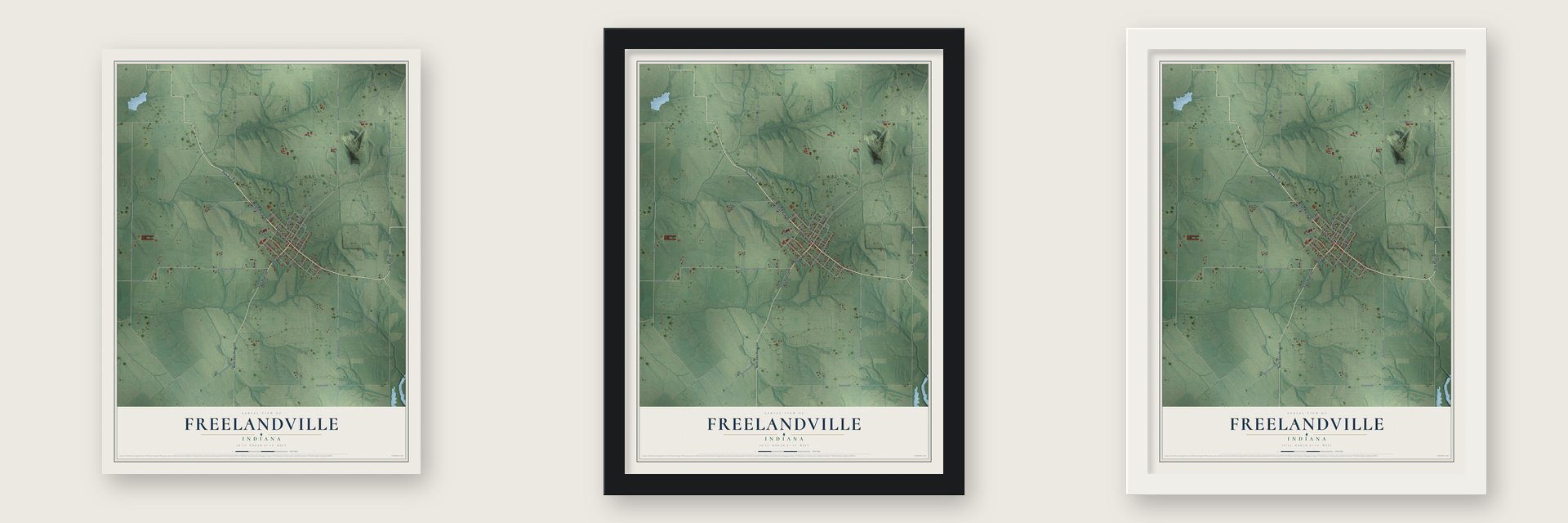Freelandville, Indiana map unframed, in a black wood frame and in a white wood frame