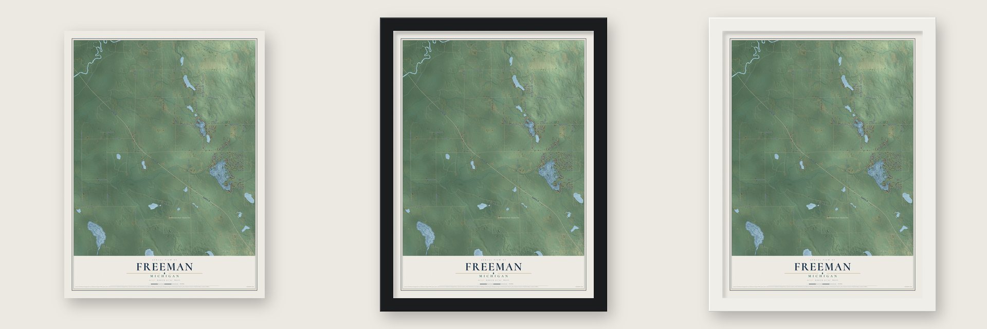 Freeman, Michigan map unframed, in a black wood frame and in a white wood frame