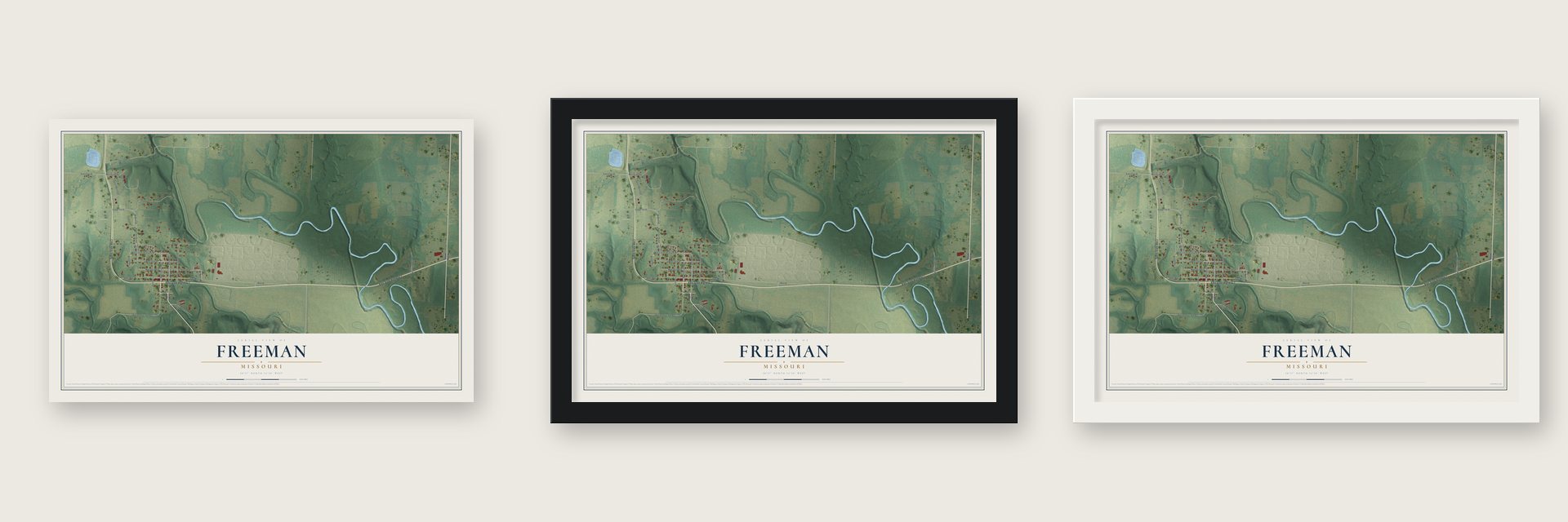 Freeman, Missouri map unframed, in a black wood frame and in a white wood frame