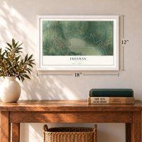 Freeman, Missouri map, 12 x 18 inch print in a white frame in an entryway