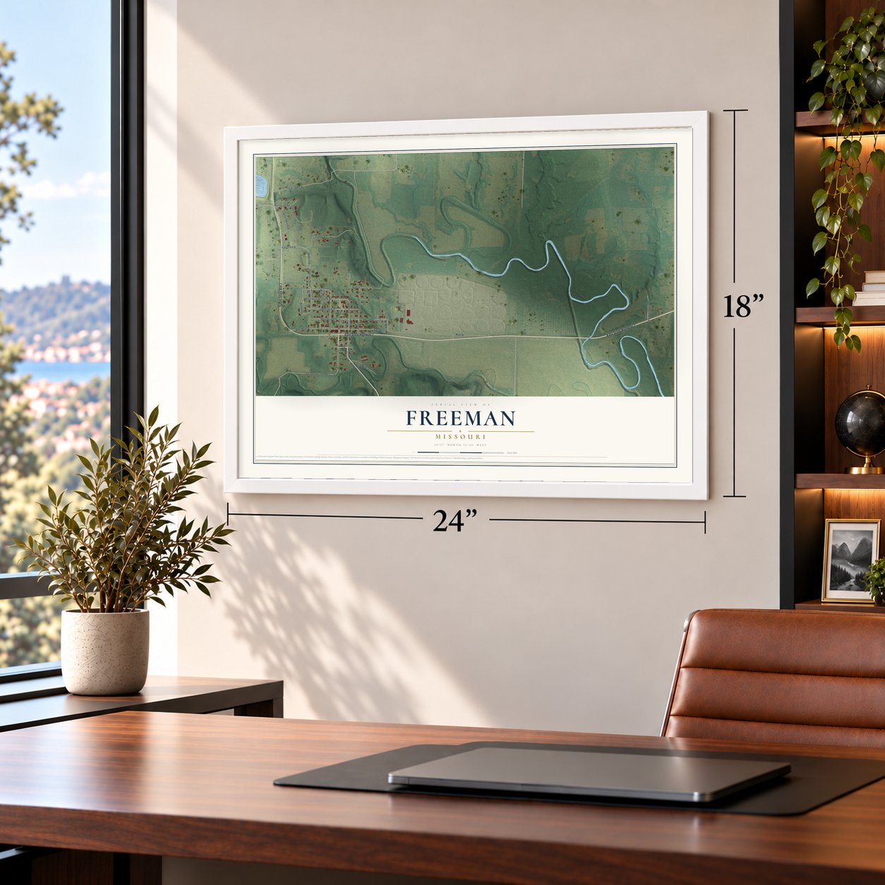 Freeman, Missouri map, 18 x 24 inch print in a white frame in a home office