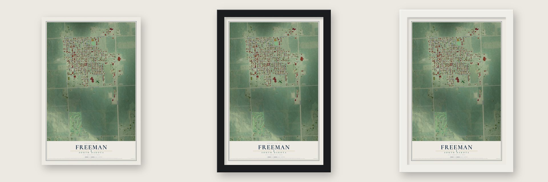 Freeman, South Dakota map unframed, in a black wood frame and in a white wood frame
