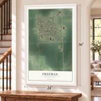 Freeman, South Dakota map, 24 x 36 inch print in a white frame by a staircase