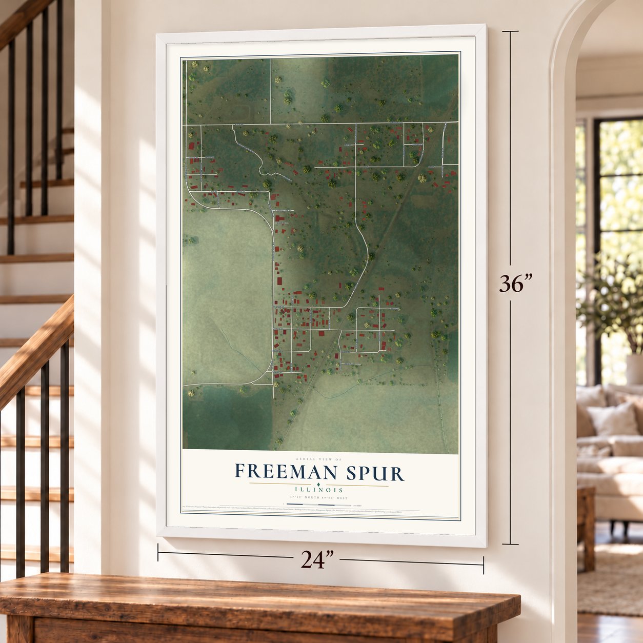 Freeman Spur, Illinois map, 24 x 36 inch print in a white frame by a staircase