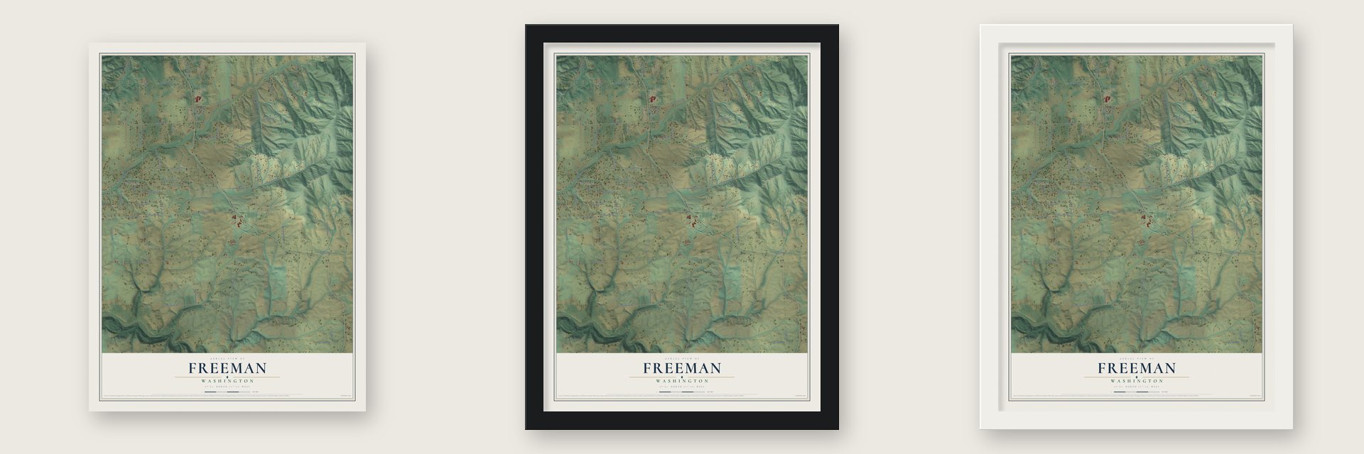 Freeman, Washington map unframed, in a black wood frame and in a white wood frame