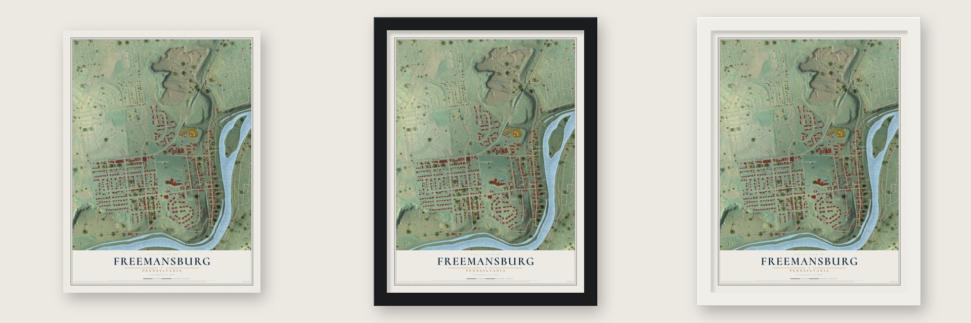 Freemansburg, Pennsylvania map unframed, in a black wood frame and in a white wood frame