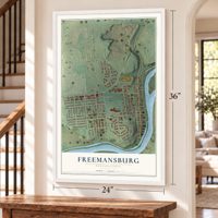Freemansburg, Pennsylvania map, 24 x 36 inch print in a white frame by a staircase