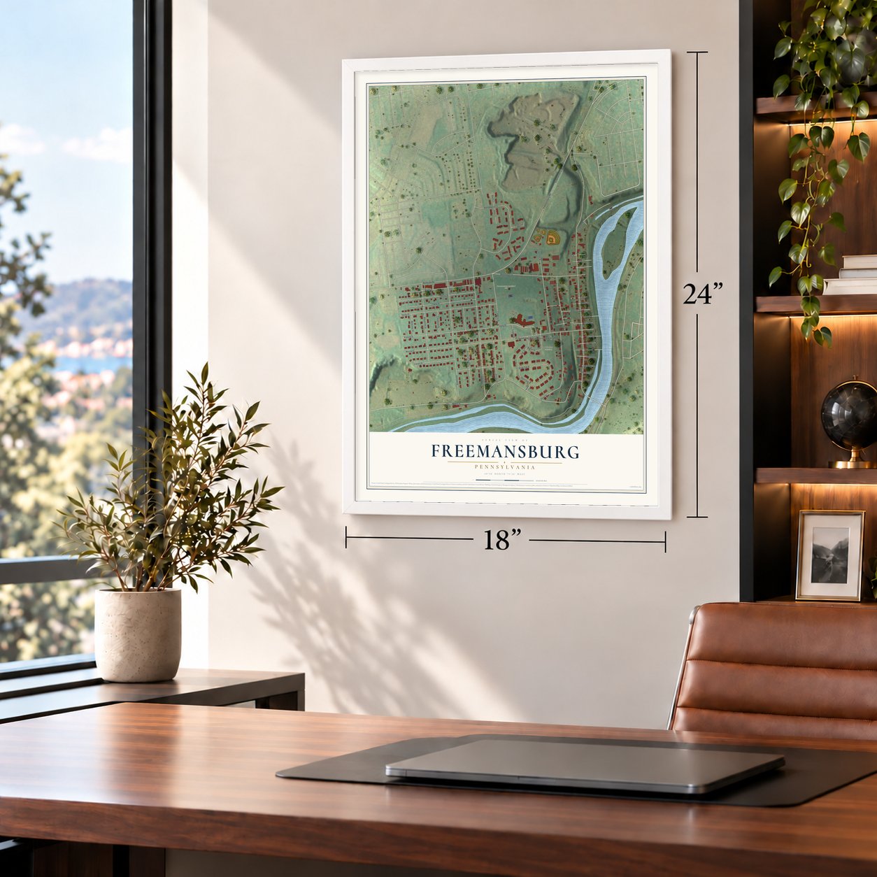 Freemansburg, Pennsylvania map, 18 x 24 inch print in a white frame in a home office