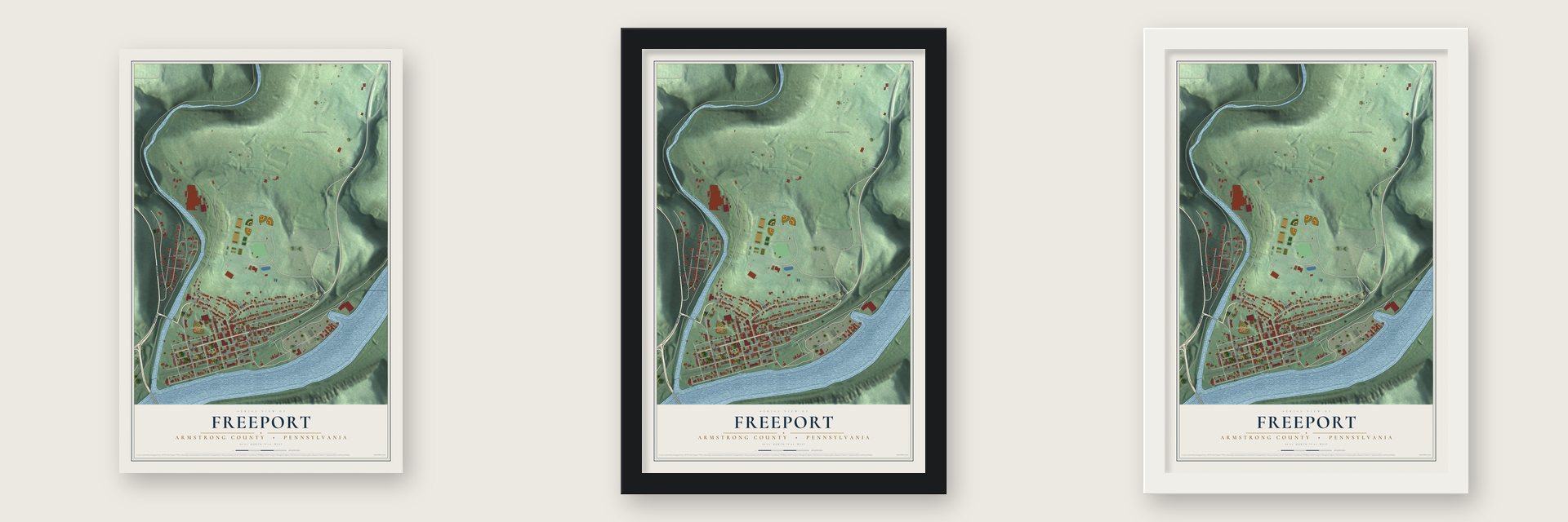 Freeport, Armstrong County, Pennsylvania map unframed, in a black wood frame and in a white wood frame
