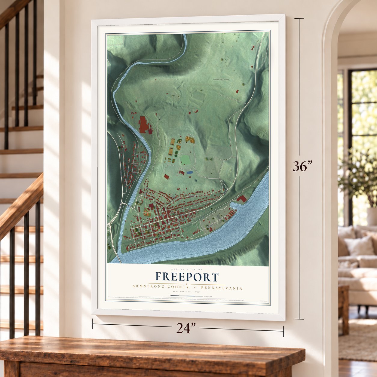 Freeport, Armstrong County, Pennsylvania map, 24 x 36 inch print in a white frame by a staircase