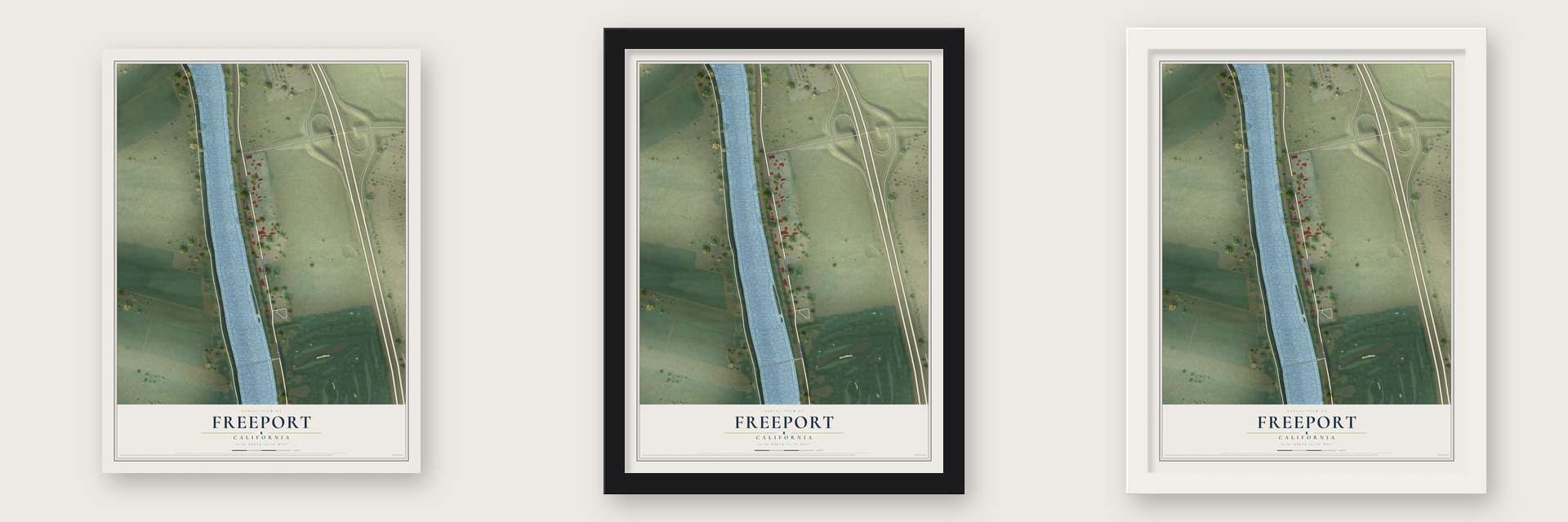 Freeport, California map unframed, in a black wood frame and in a white wood frame