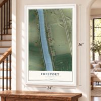 Freeport, California map, 24 x 36 inch print in a white frame by a staircase