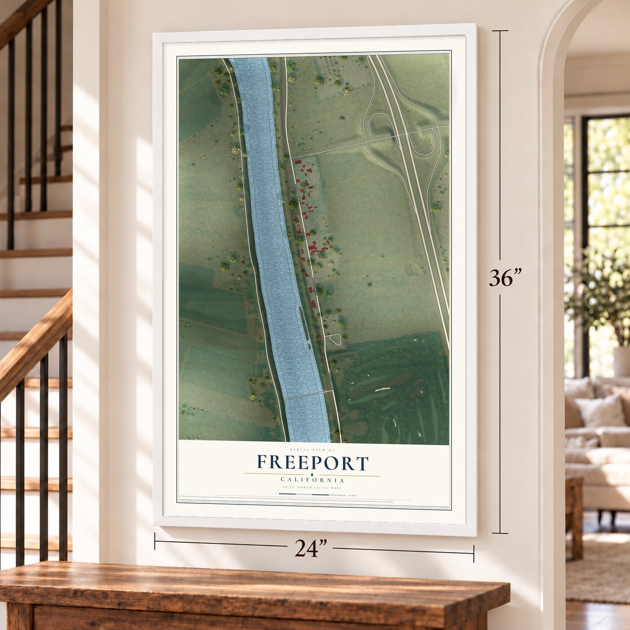 Freeport, California map, 24 x 36 inch print in a white frame by a staircase