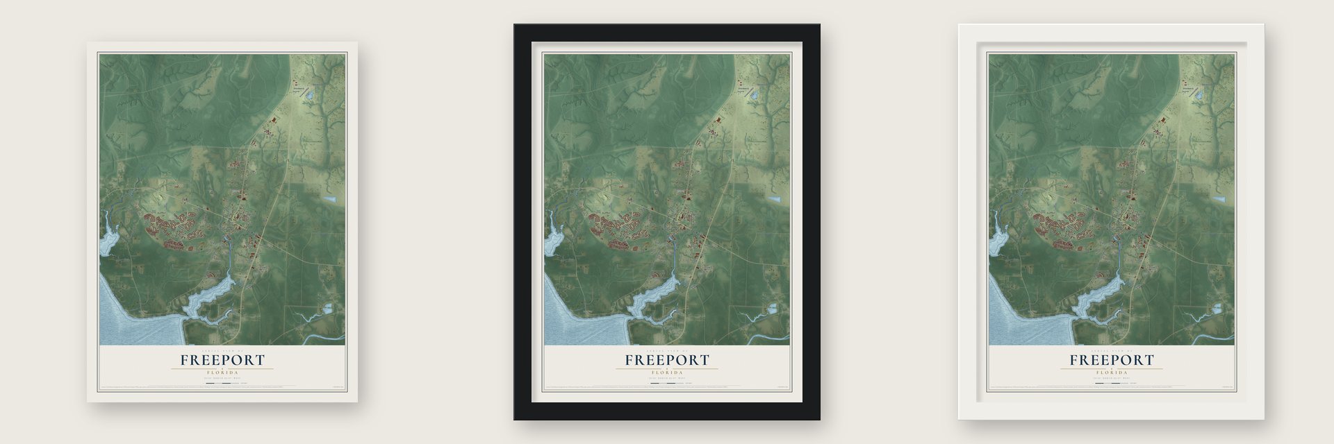 Freeport, Florida map unframed, in a black wood frame and in a white wood frame