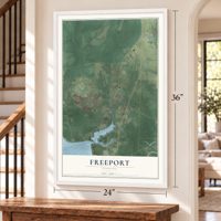 Freeport, Florida map, 24 x 36 inch print in a white frame by a staircase