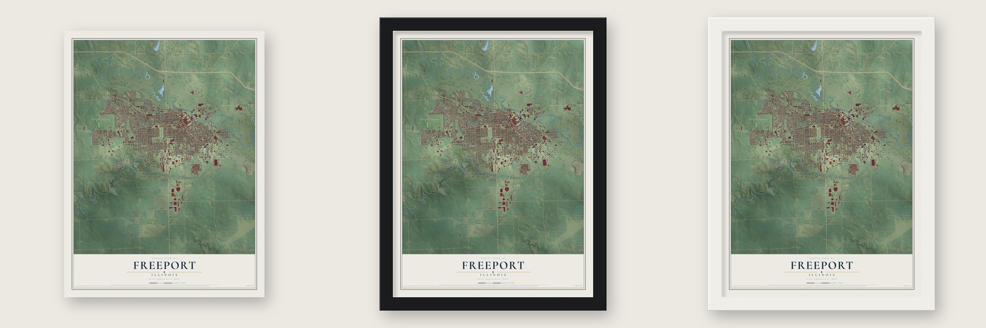 Freeport, Illinois map unframed, in a black wood frame and in a white wood frame