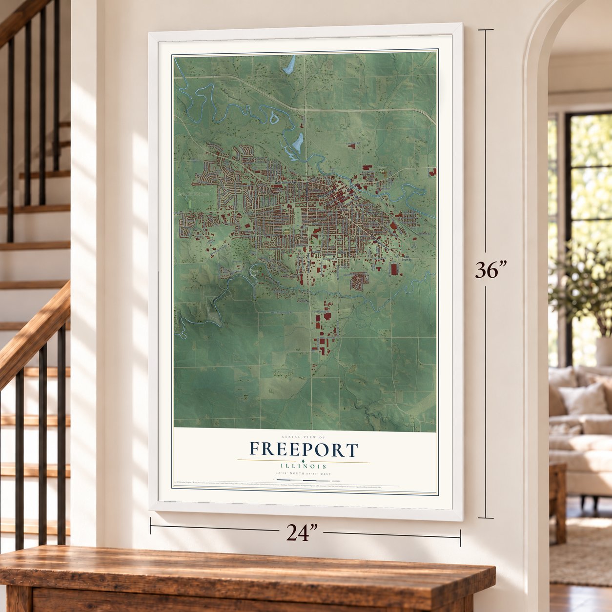 Freeport, Illinois map, 24 x 36 inch print in a white frame by a staircase