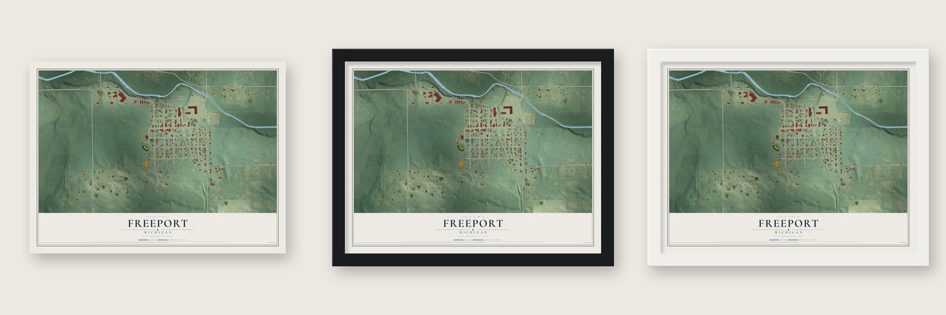 Freeport, Michigan map unframed, in a black wood frame and in a white wood frame