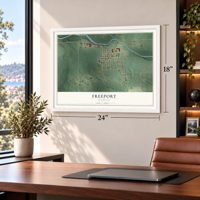 Freeport, Michigan map, 18 x 24 inch print in a white frame in a home office